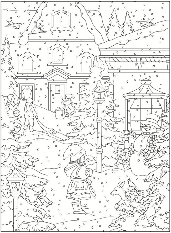coloring scene village scenes christmas adults printables colouring winter creative haven craft coloriage hiver