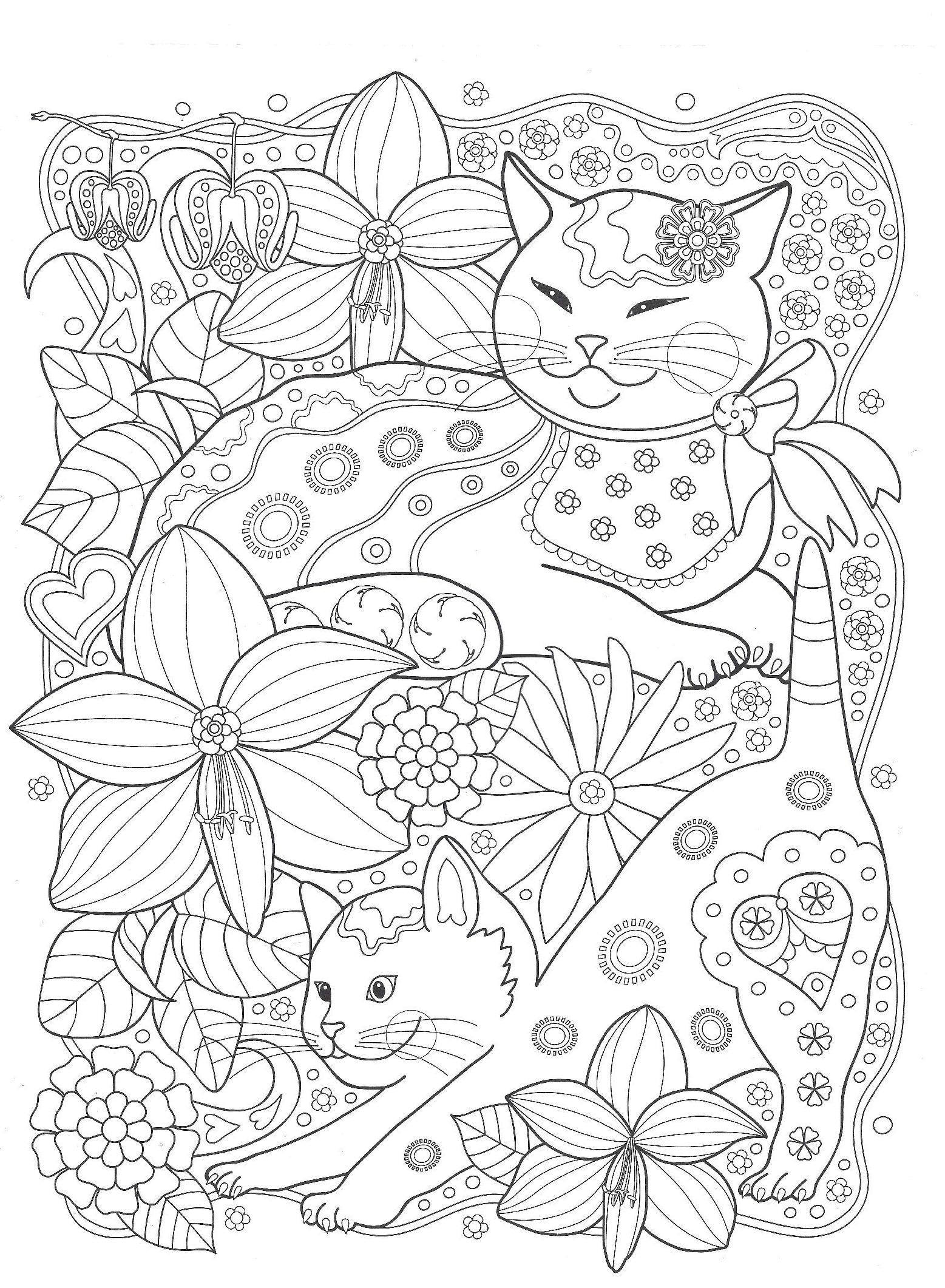 coloring cat antistress flowers